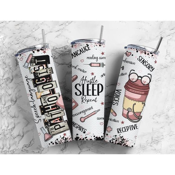 Speech Language Pathologist 20 Oz Skinny Metal Tumbler w/Lid and Straw - Picture 1 of 4